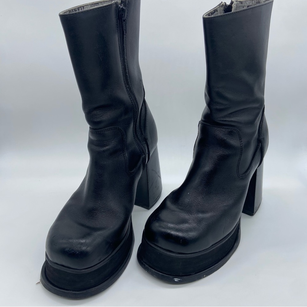 Platform Chunky Square Toe Black Leather Vintage Ankle Boots